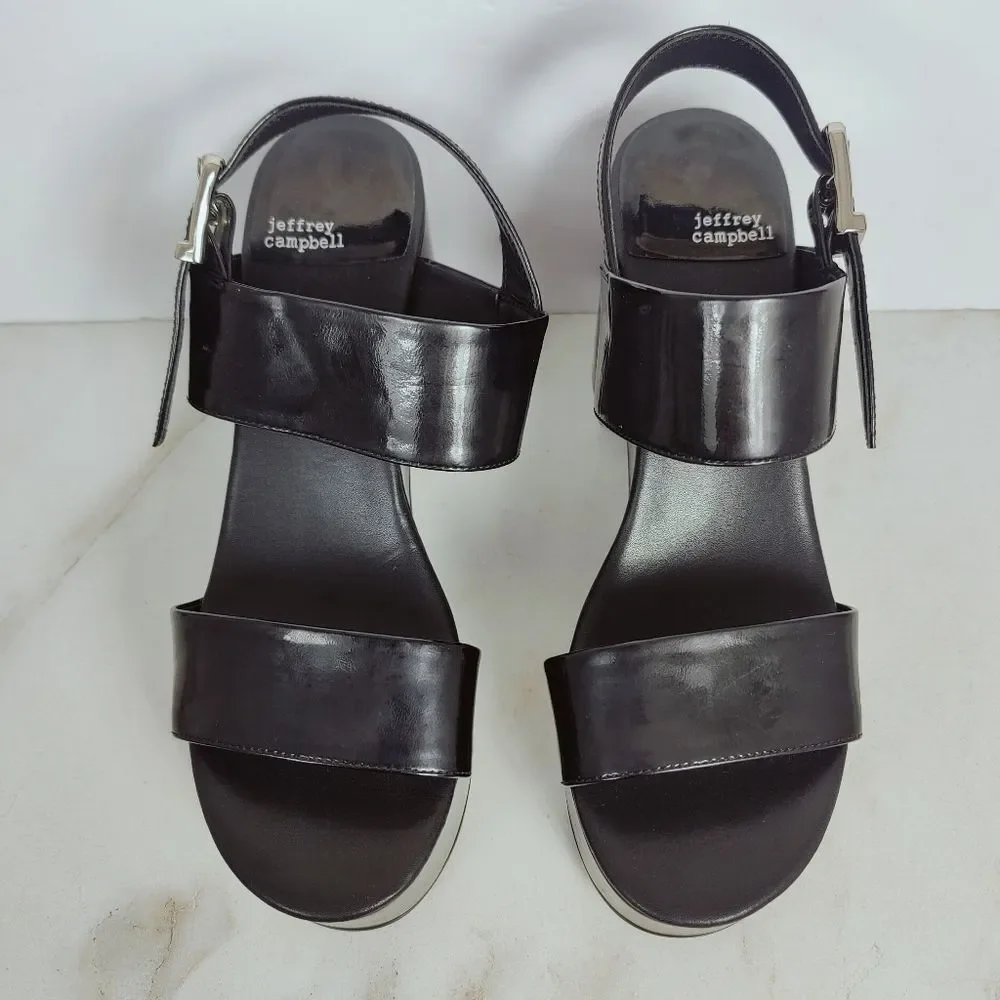 Jeffrey Campbell Moody Black Patent Platform Block Heel Sandals, Sz 9.5